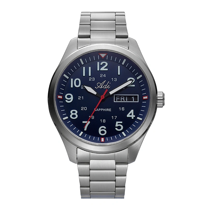 ADI Silver stainless steel men’s watch with a blue dial and date display