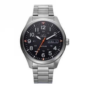 ADI Silver stainless steel men's watch with a black dial and date display ADI Silver stainless steel men's watch with a black dial and date display